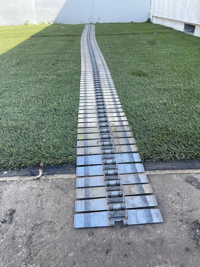 Used Rexnord SS881 BC 91 Stainless Steel Side Flexing Tabletop Chain L:186.5” W:7.5"