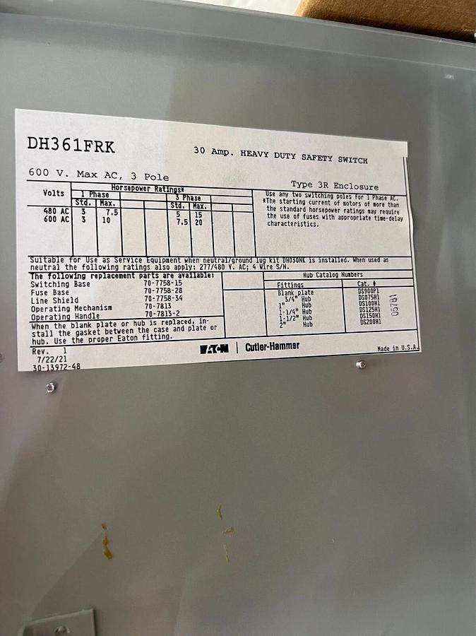 Used Eaton DH361FRK 30A Heavy Duty Safety Switch