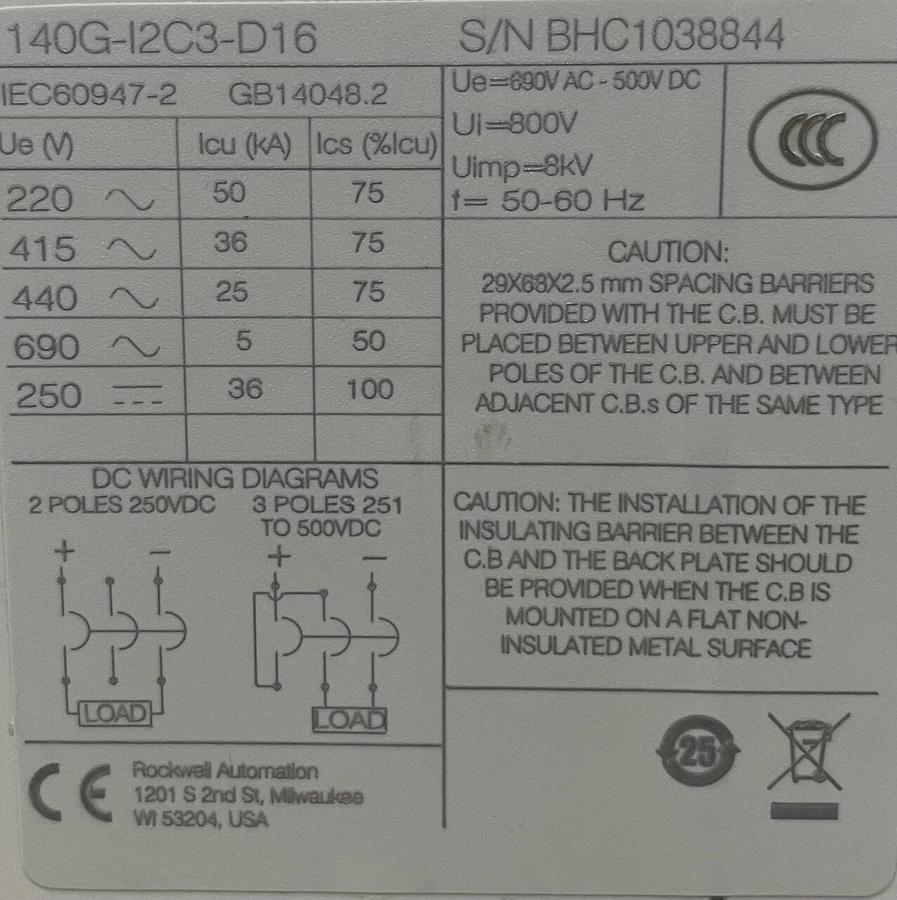 Used Allen Bradley 140G-I2C3-D16, Circuit Breakers, 3 Poles, 225 A