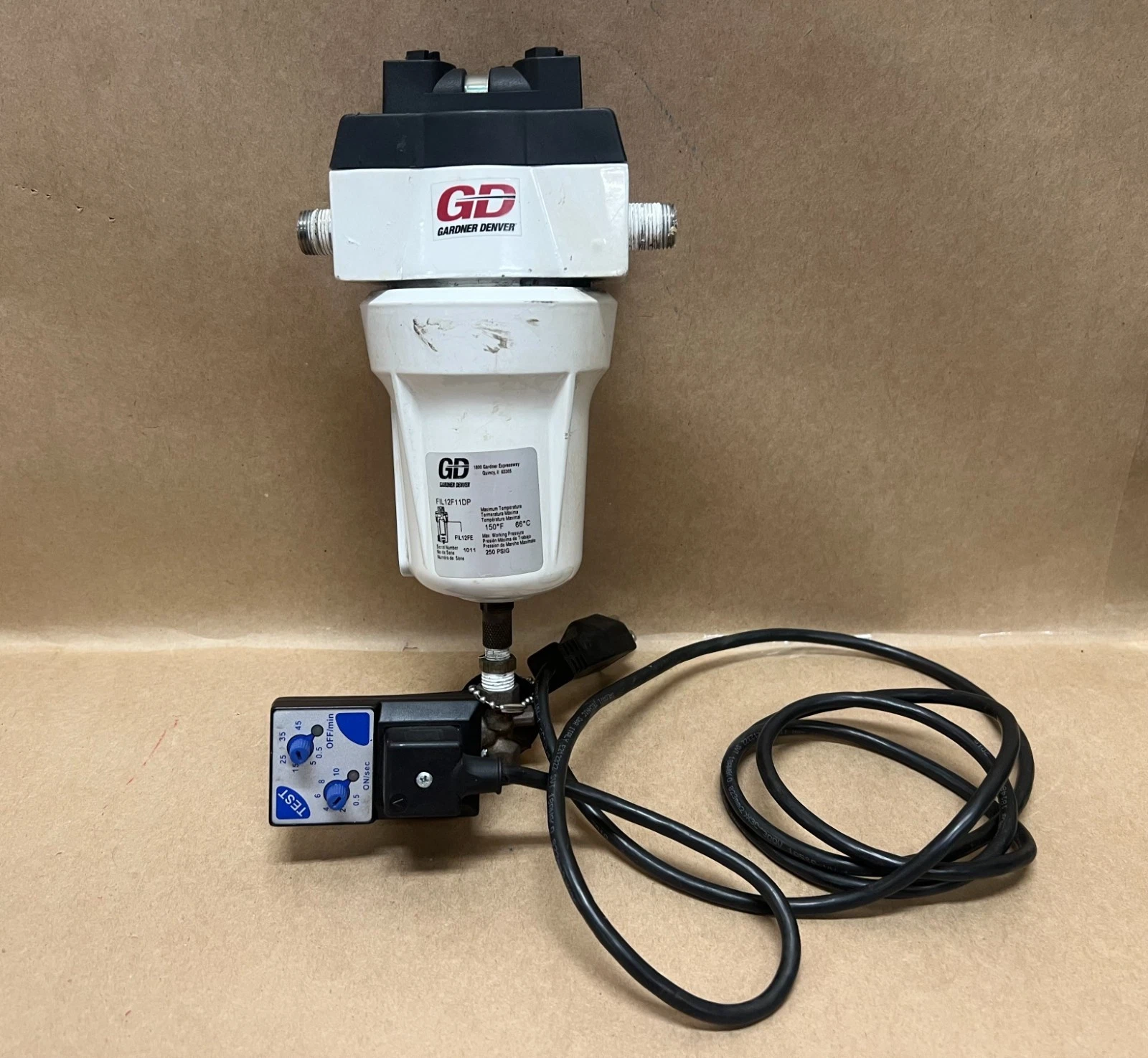 Used Gardner Denver FIL12F11DP Compressed Air Filter, Valve Controller, Analog Timer