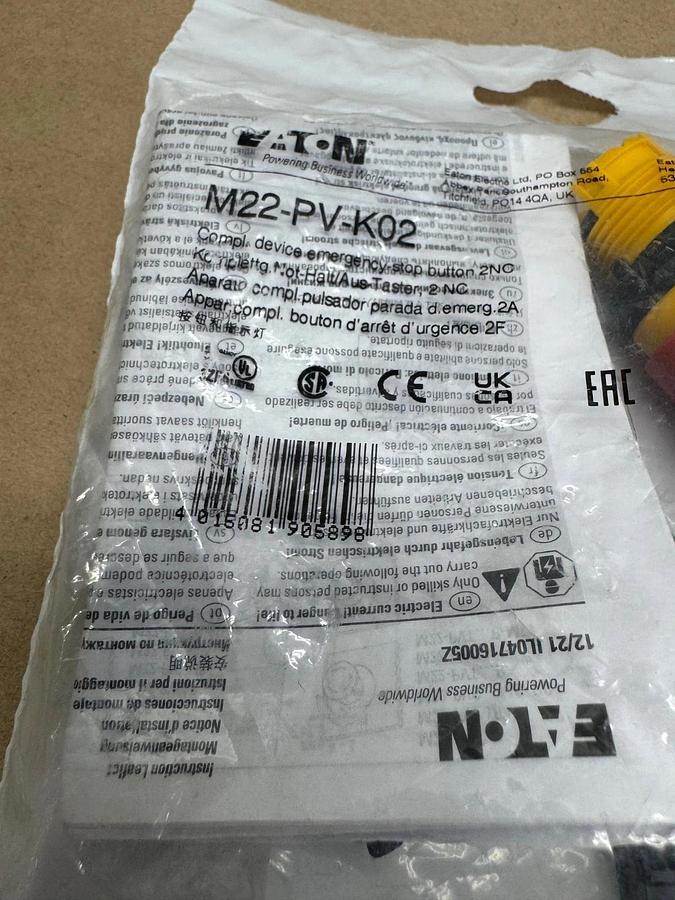 Used Eaton M22-PV-K02 Emergency Stop Button *FACTORY SEALED*