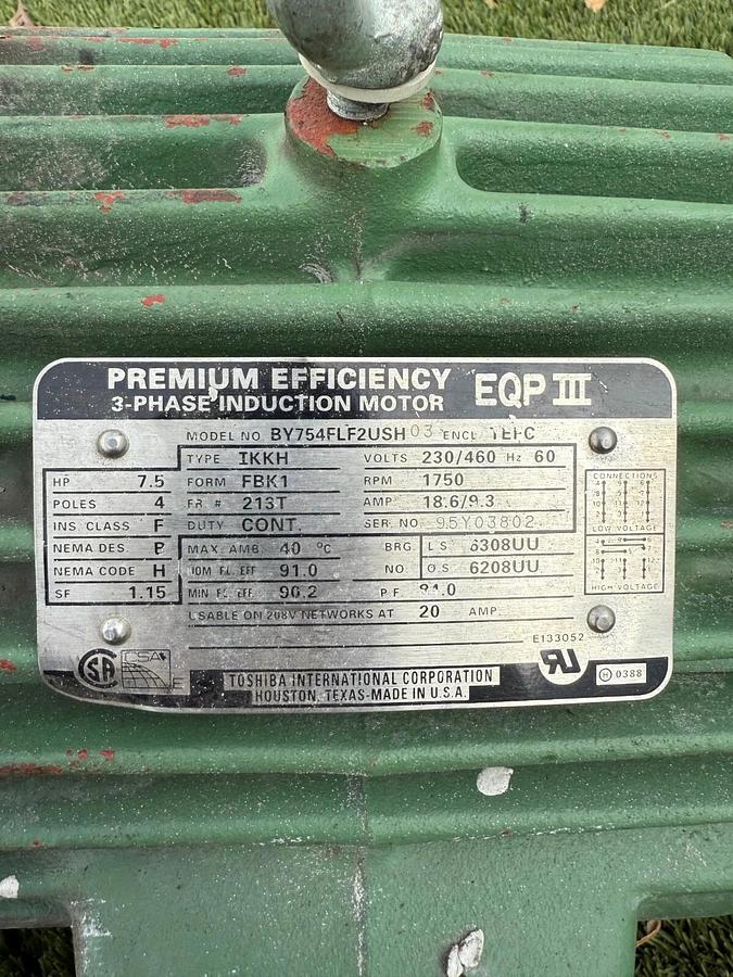 Used Toshiba BY754FLF2USH Premium Efficiency 3-Phase Induction Motor, EQP III, 7.5 HP