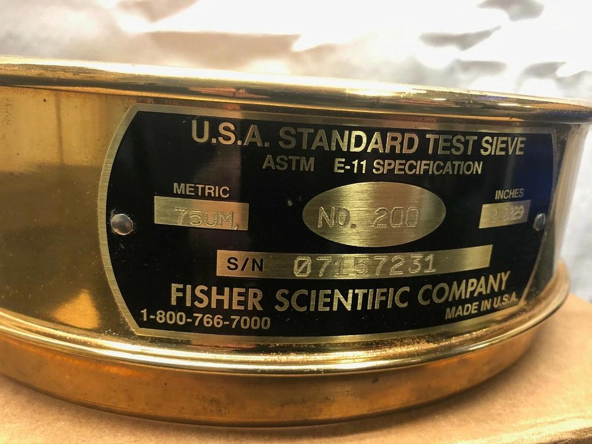 Used Fisher Scientific Brass Test Sieve, No. 200, Pore Size: 75 um, 8” Diameter