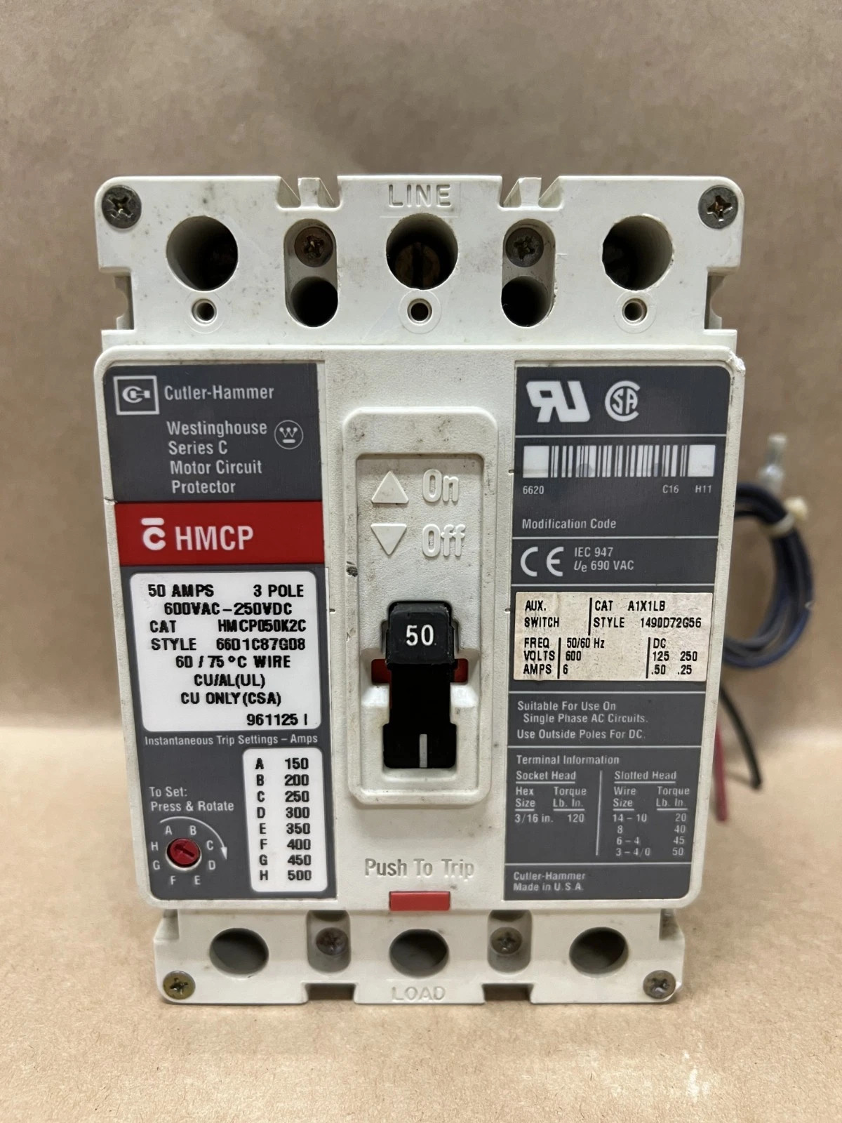Used Cutler-Hammer/Westinghouse HMCP050K2C 50A, 3 Pole, Ser C Motor Circuit Protector