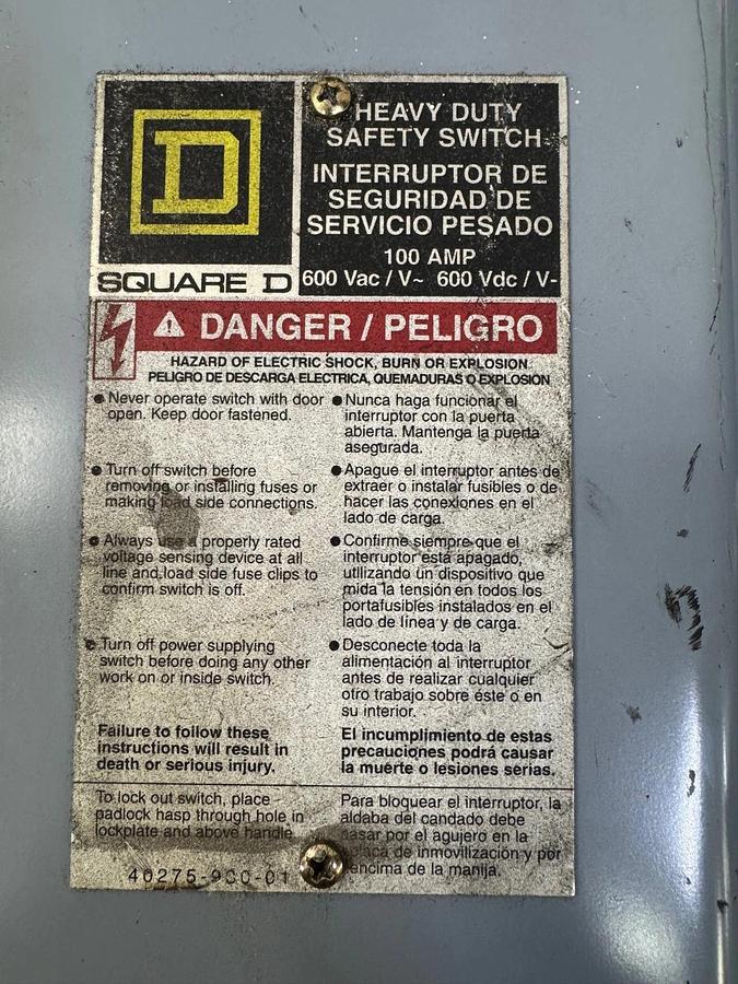 Used Square D HU363AWK 100A Heavy Duty Safety Switch, 600V, Series F05