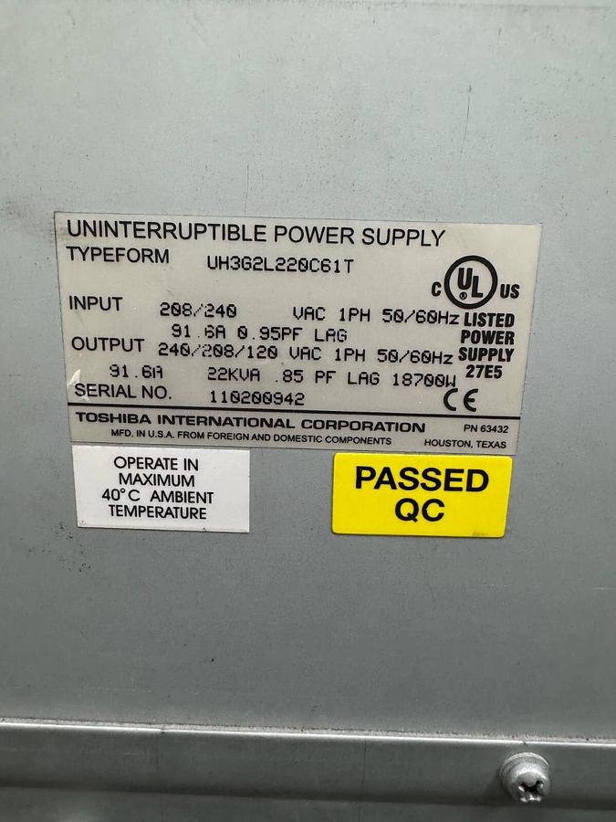 Used Toshiba UH3G2L220C61T Uninterruptible Power Supply 1600XP On-line UPS, 22kVA 1Ph