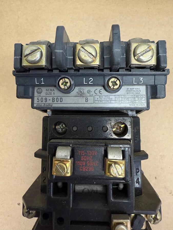 Used Allen-Bradley 509-B0D NEMA Size 1 Starter, Series B, 600 VAC, 50/60 Hz