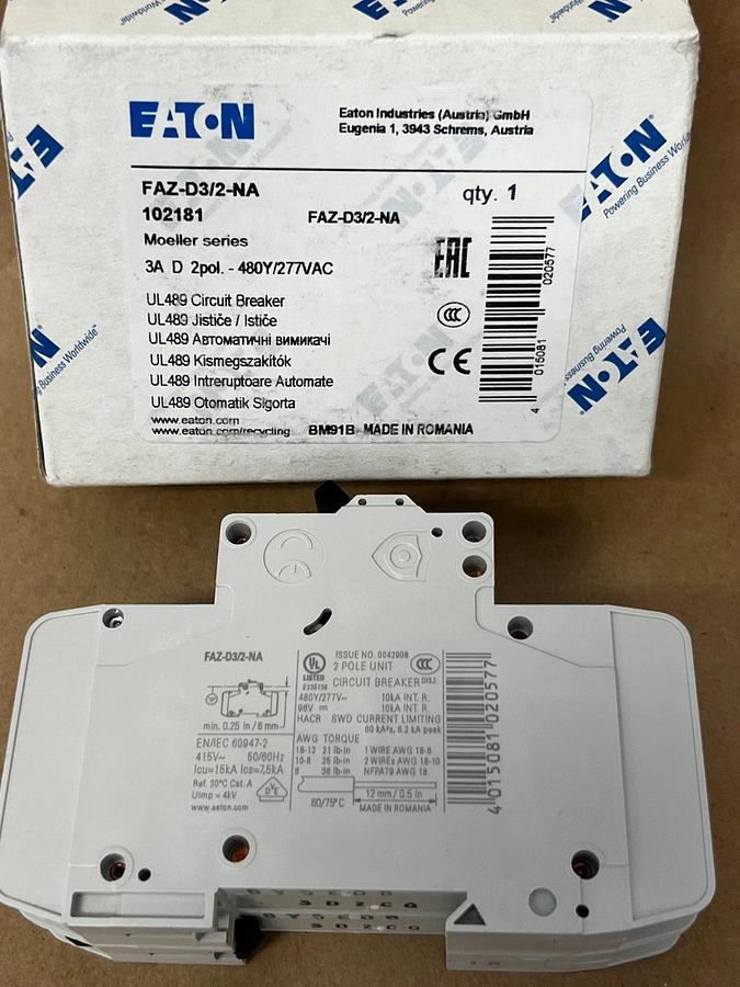 Used Eaton FAZ-D3/2-NA Circuit Breaker 3A, 2 Pole