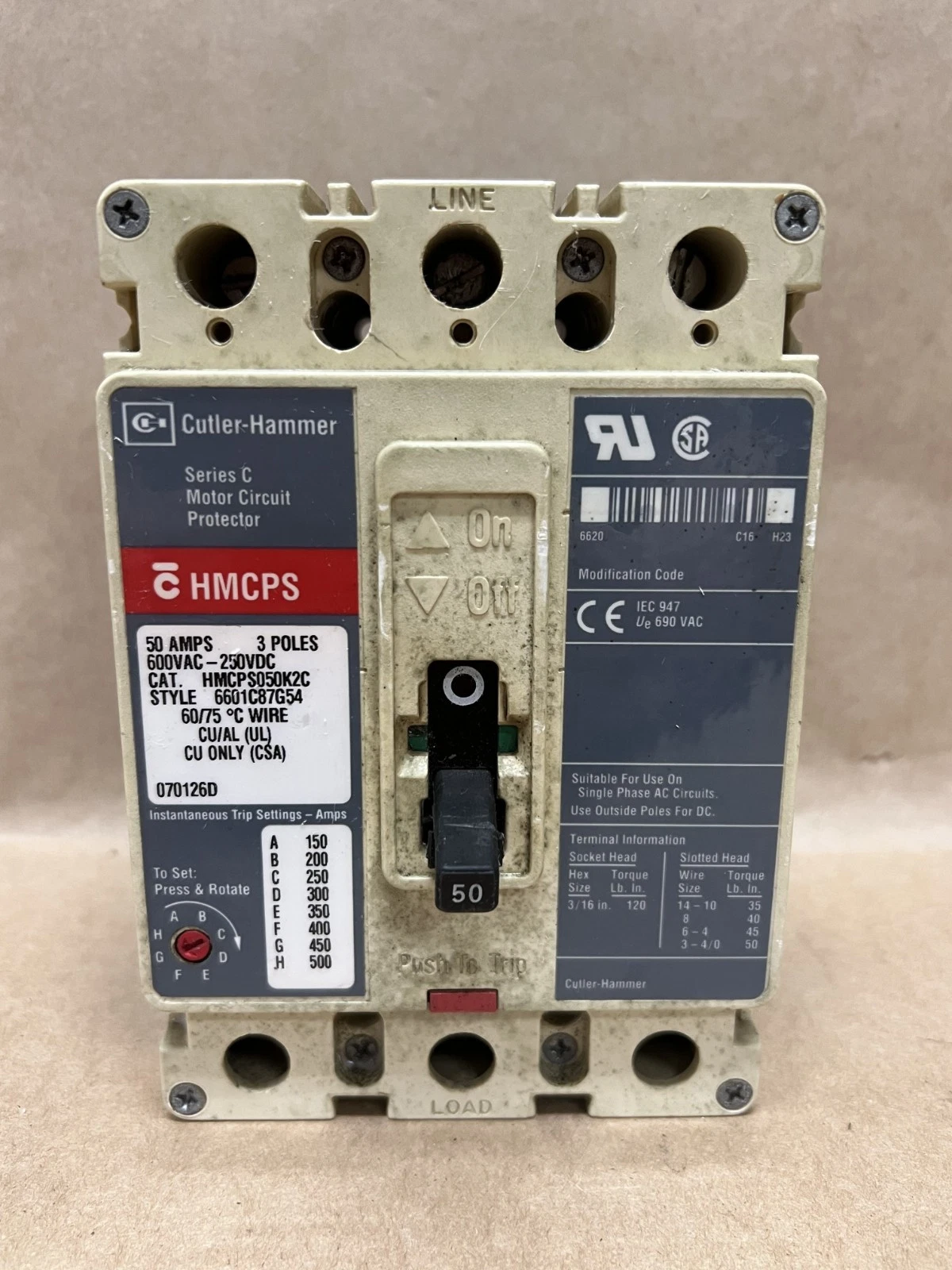 Used Cutler-Hammer HMCPS050K2C 50A, 3 Pole, Ser. C Motor Circuit Protector