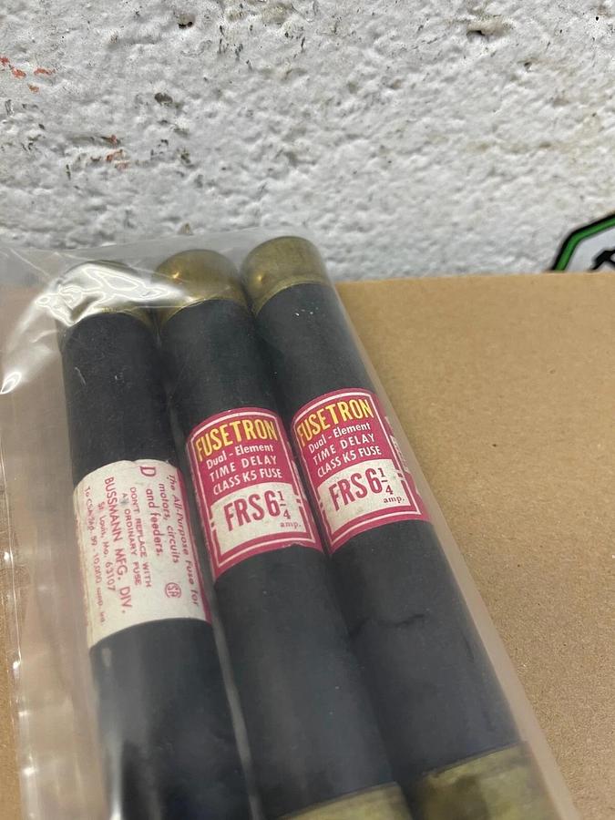 Used Bussmann Fusetron FRS 6 1/4A, Dual Element, Time Delay, Class K5 Fuse - Lot of 3