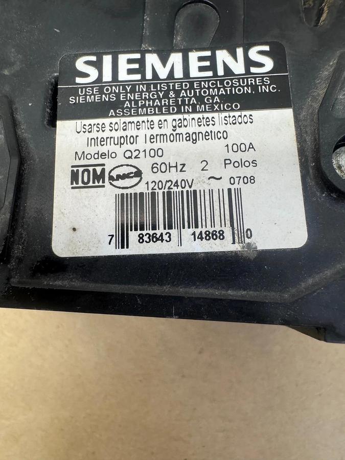 Used Siemens Q2100 2 Pole 100A Circuit Breaker