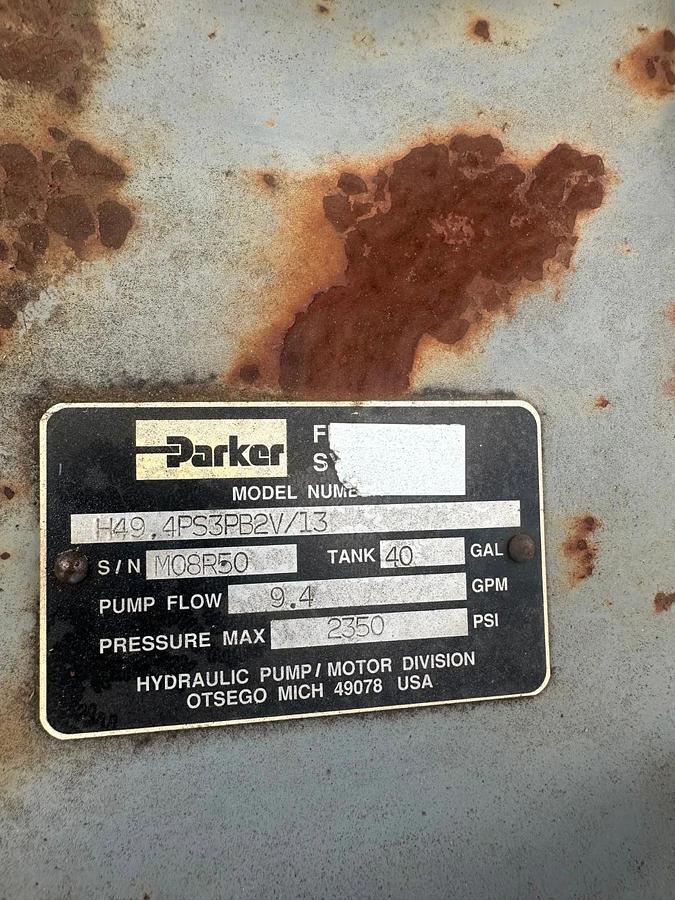 Used Parker H49, 4PS3PB2V/13 9.4Gpm Flow w/ 40G Tank, Marathon 15Hp Motor @ 1759Rpm