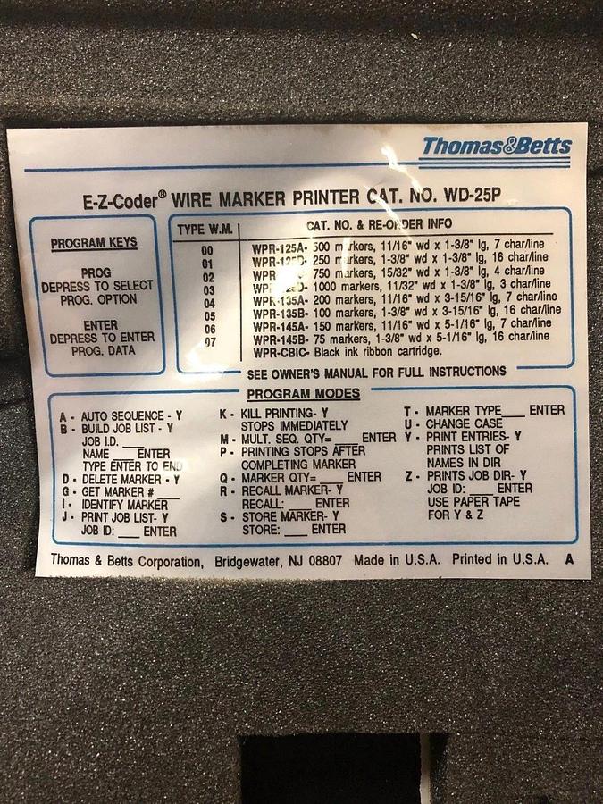 Used Thomas & Betts E-Z-Coder Wire Marker Printer WD-25P