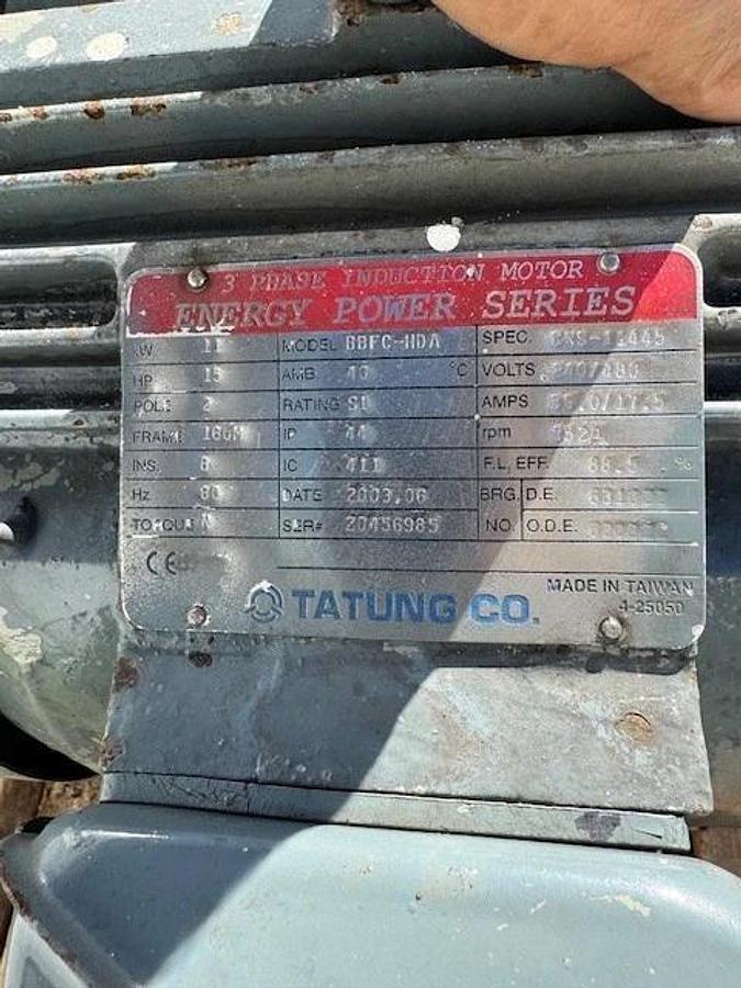 Used Tatung BBFC-HDA 15Hp Motor @ 3520RPM, 160M Frame, 240/480V