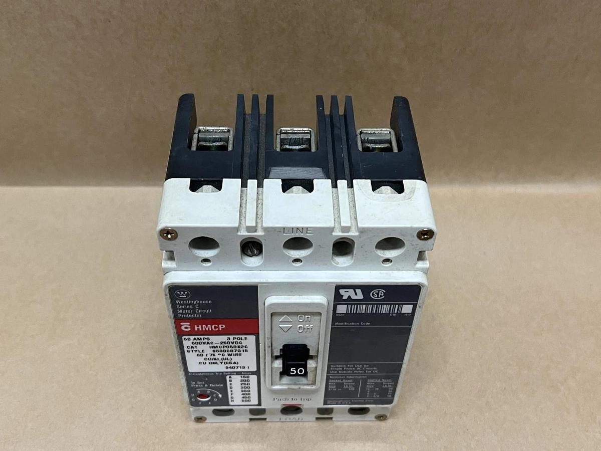 Used Westinghouse HMCP050K2C 50A, 3 Pole Ser C Motor Circuit Protector