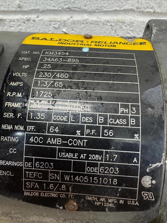 Used Baldor Reliance KM3454 1/4Hp Motor @ 1725RPM, C-Face, 230/460V, 1.3/0.65A