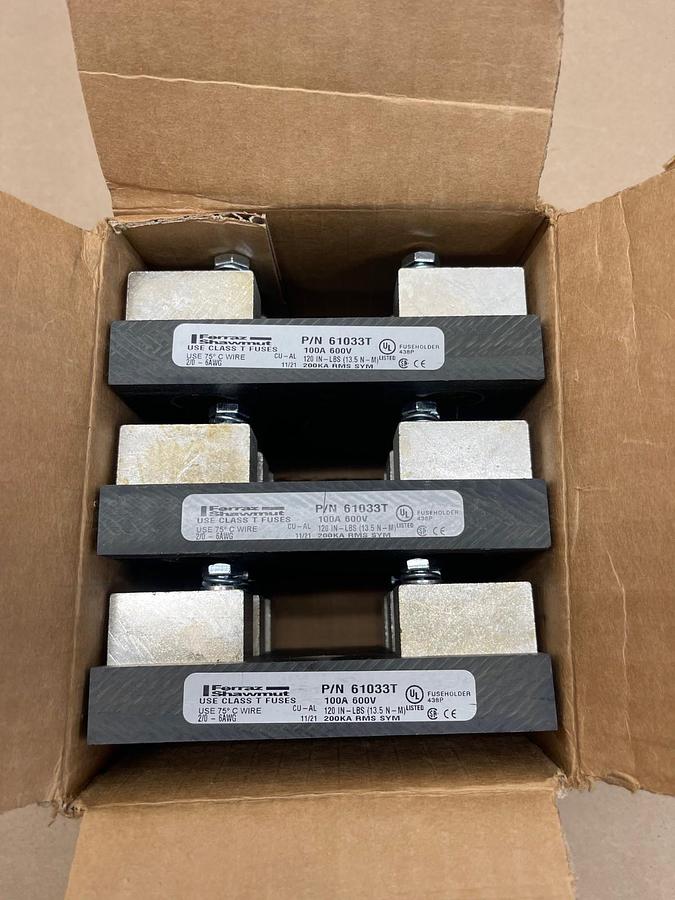 Used Ferraz Shawmut Mersen 61033T Fuse Block, 100A, 600V, Box of 3 *NEW*