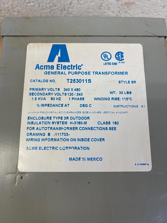Used ACME Electric T253011S General Purpose Transformer 1.5kVa 60Hz 1 Phase