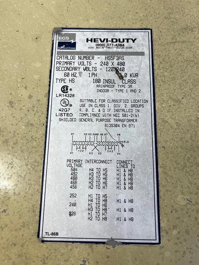 Used EGS Electrical HS5F3AS, HEVI-DUTY 3.0 KVA 1 Ph 60Hz Pri: 240/480, Sec: 120/240