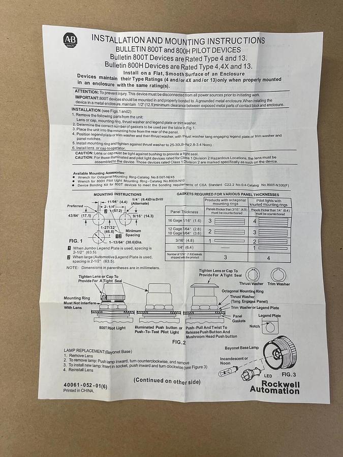Used Allen-Bradley 800H-DR6A Push Button Unit Type 4, Series F, Mushroom Head Red Cap