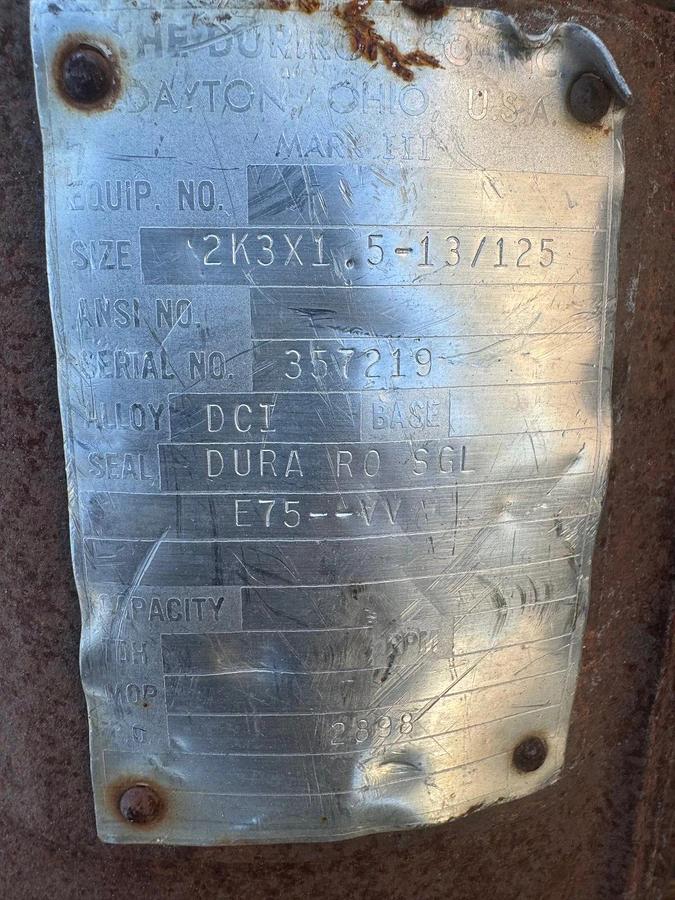 Used The Duriron Company 2K3X1.5-13/125 Mark I I I Pump, DCI, SN:357219, 1-1/2” Shaft