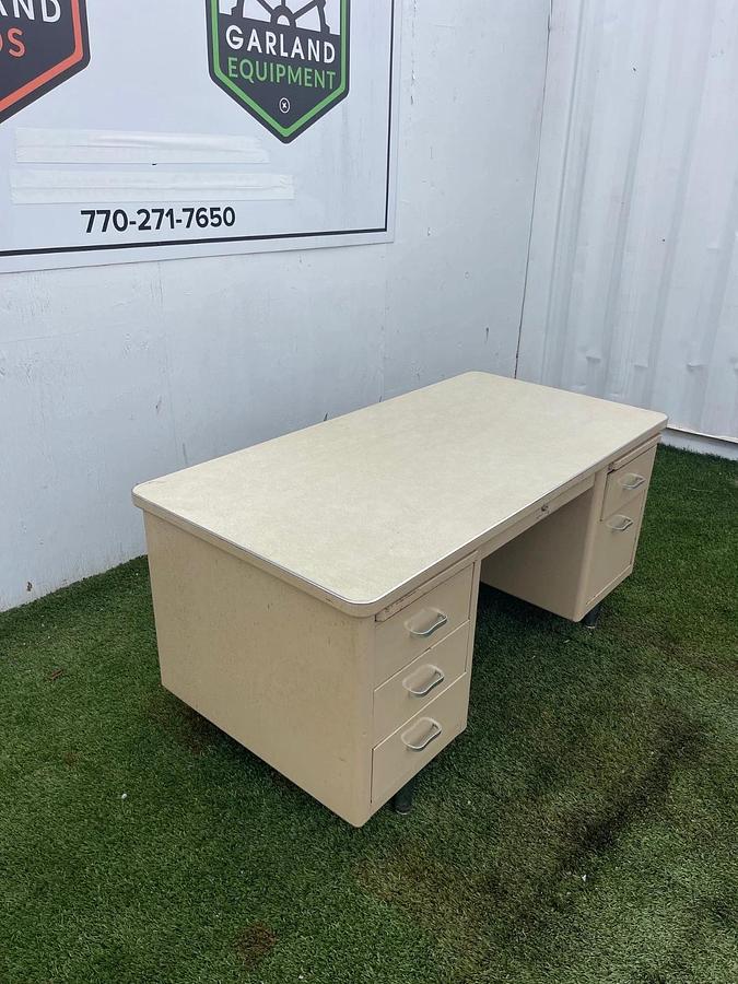 Used Vintage Tank Desk, 5 Drawer, Beige Frame, Metal, Top Length: 60”, Top Width: 30”