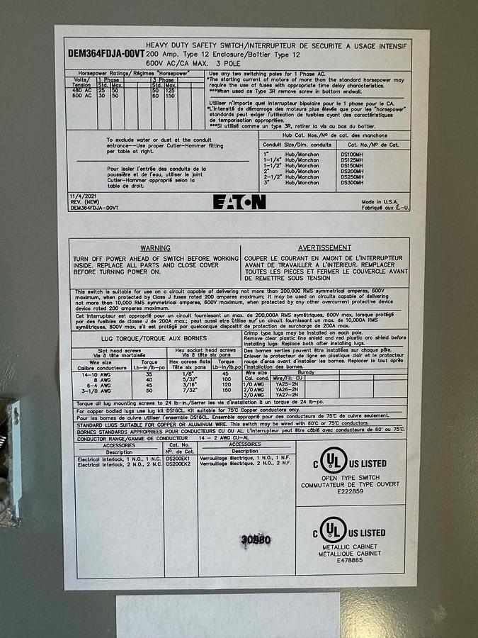 Used Eaton DEM364FDJA-00VT Heavy Duty Safety Switch, 200A, 600V, 60Hz *NEW*