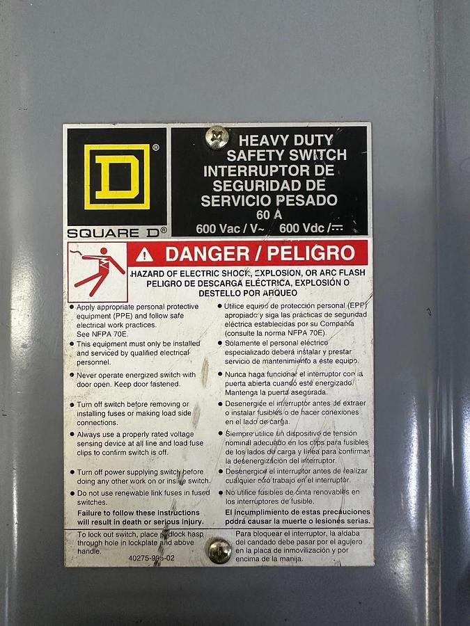 Used Square D H362 Heavy Duty Safety Switch 60A, 600VAC