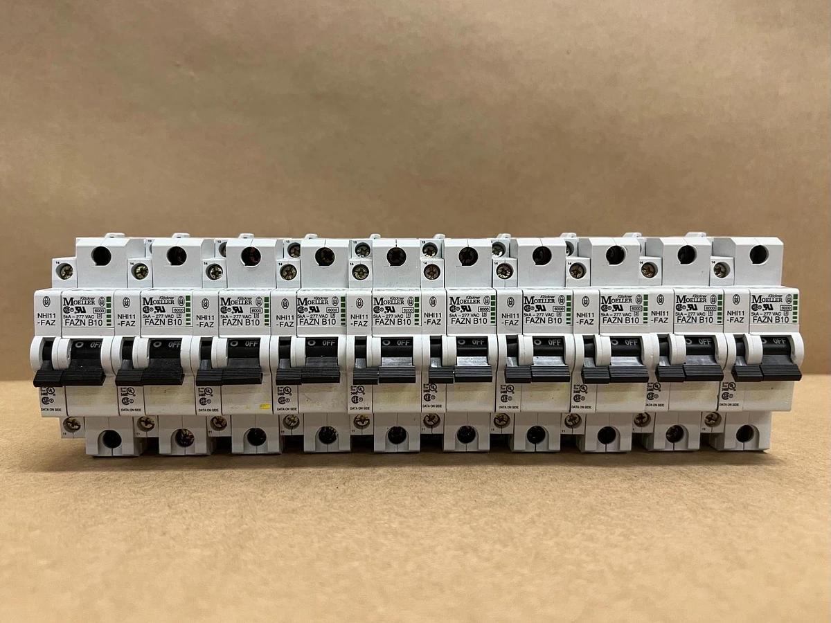 Used Moeller FAZN B10 10A, 1P Circuit Breaker w/NHI11-FAZ Aux. Contact - Lot of 10