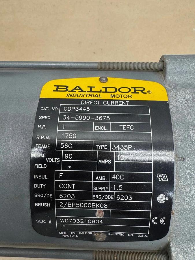 Used Baldor CDP3445 1Hp DC Motor @ 1750 RPM, 10A, 0.625” Shaft