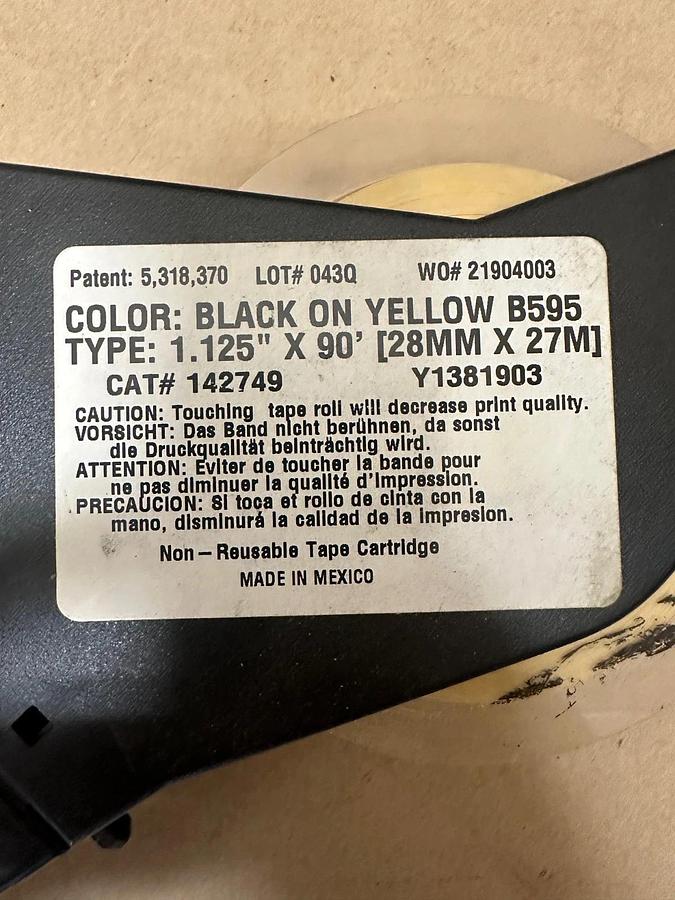 Used Brady B595 Black on Yellow, 1.125” x 90’ Label Cartridge, Roughly 2/3 Left