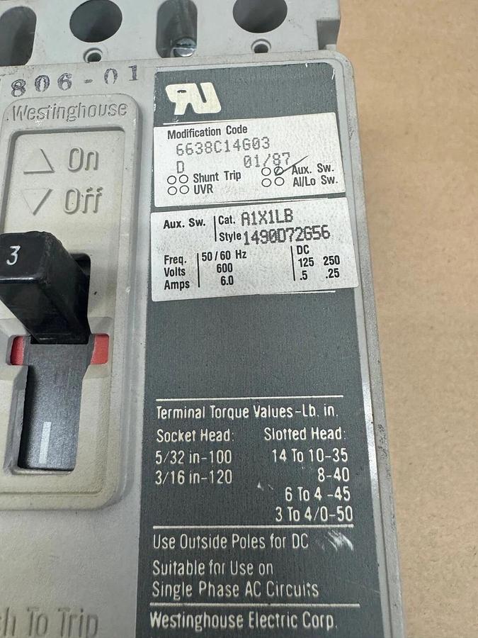 Used Westinghouse HMCP003A0C Circuit Protector, 3A, 3 Poles, 600VAC