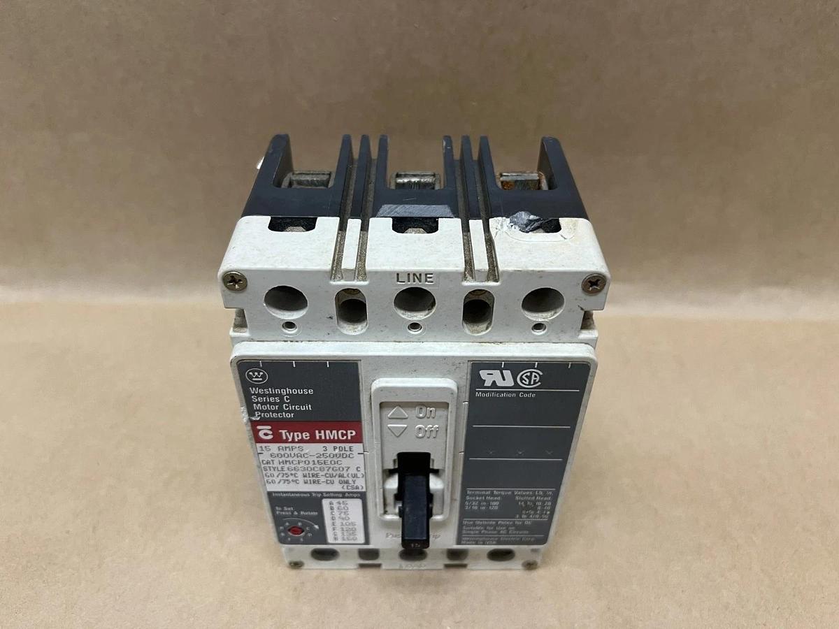 Used Westinghouse HMCP015E0C 15A, 3 Pole Motor Circuit Protector (Style: 6630C87G07)