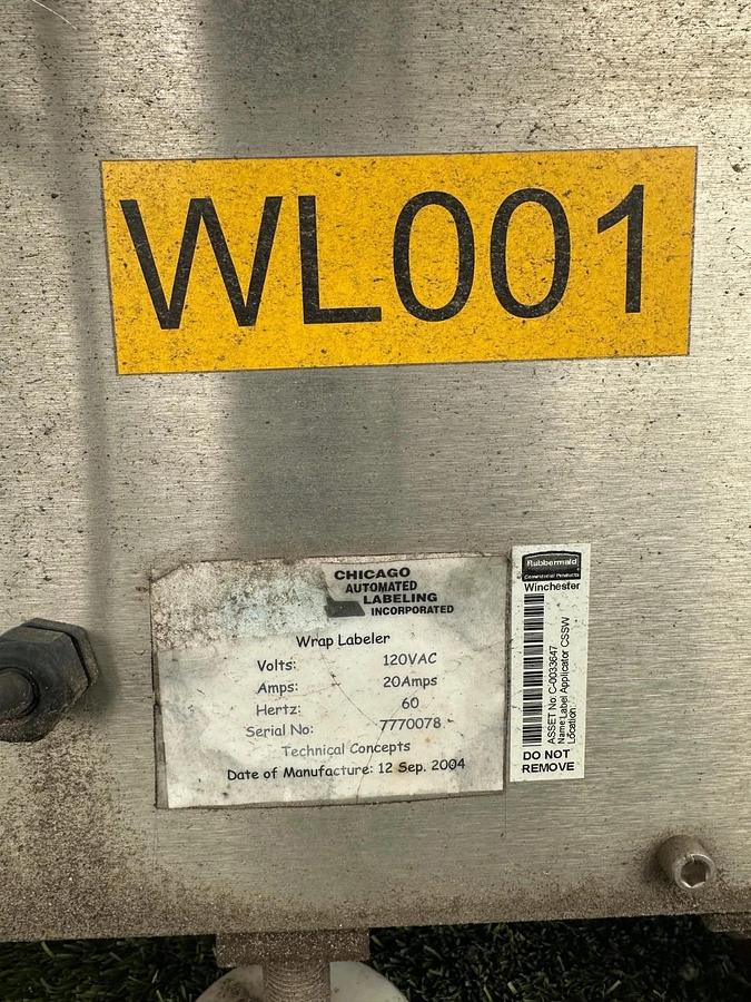 Used Chicago Automated Labeling Wrap Labeler, 120VAC, 20A, 7.5” W x 10’ L Belt