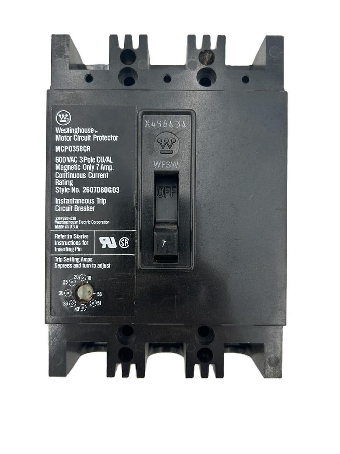 Used Westinghouse Motor Circuit Protector MCP0358, 7A, 3 Pole, 600 VAC