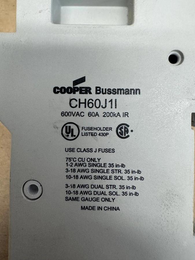 Used Cooper Bussman CH60J1I Fuse Block Holder, 600 VAC, 60 A, 200kA