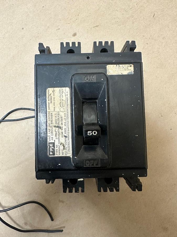 Used Federal Pacific Electric Company NE 50A 3 Pole Circuit Breaker