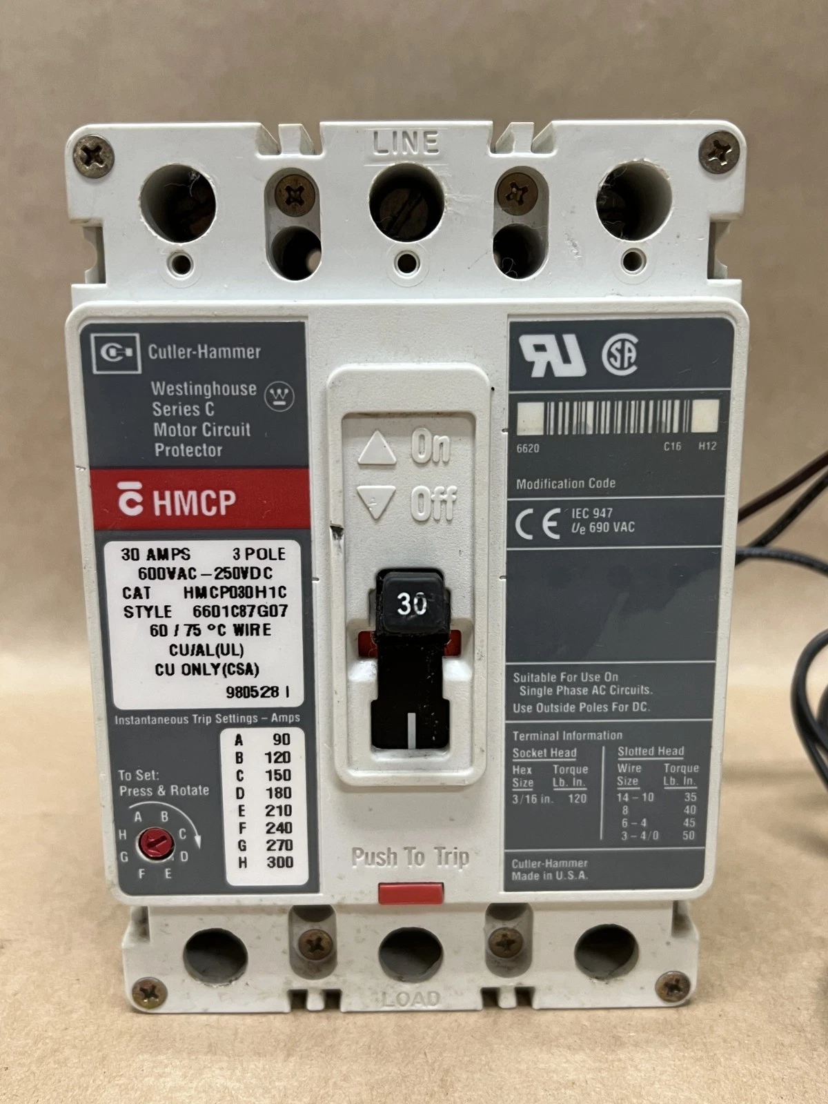 Used Cutler-Hammer/Westinghouse HMCP030H1C 30A 3Pole Ser C Motor Circuit Protector