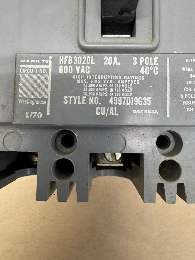 Used Westinghouse HFB3020L Circuit Protector, 20 Amp, 3 Pole, 600 VAC