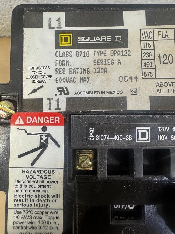 Used Square D 8910 DPA122 Definite Purpose Contactor, 600VAC, 120 FLA