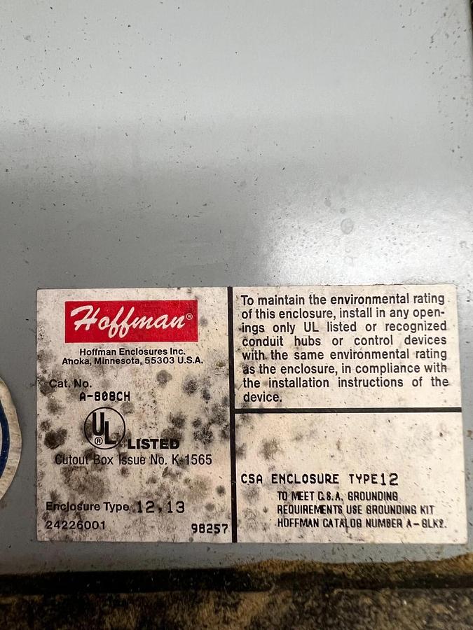 Used Hoffman A-808CH CSA Enclosure Type 12