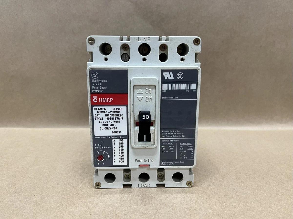 Used Westinghouse HMCP050K2C 50A, 3 Pole Ser C Motor Circuit Protector