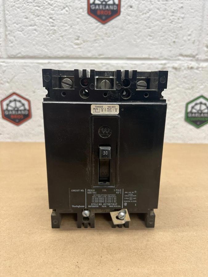 Used Westinghouse FB3030 30 Amp, 3 Pole, 600 VAC Circuit Breaker