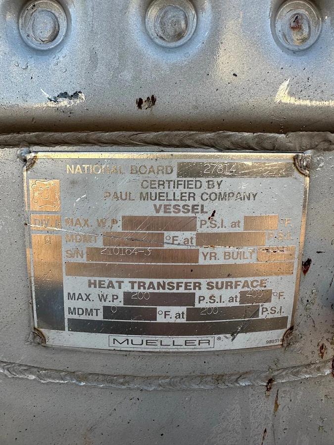 Used Mueller 27814 220 Gallon Jacketed Pressure Vessel Tank, No Top