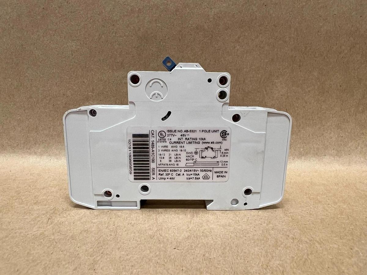 Used Allen Bradley 1489-A1C100 Ser A, 1 Pole, Circuit Breaker