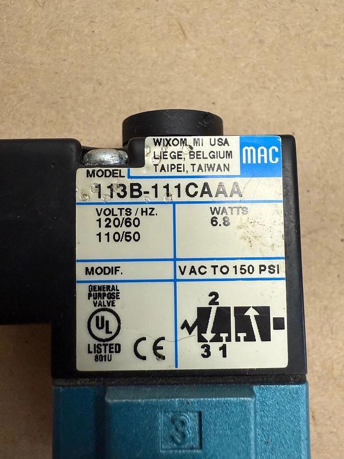 Used MAC 113B-111CAAA Solenoid Valve, 6.8 Watts, 110/120V, 50/60Hz