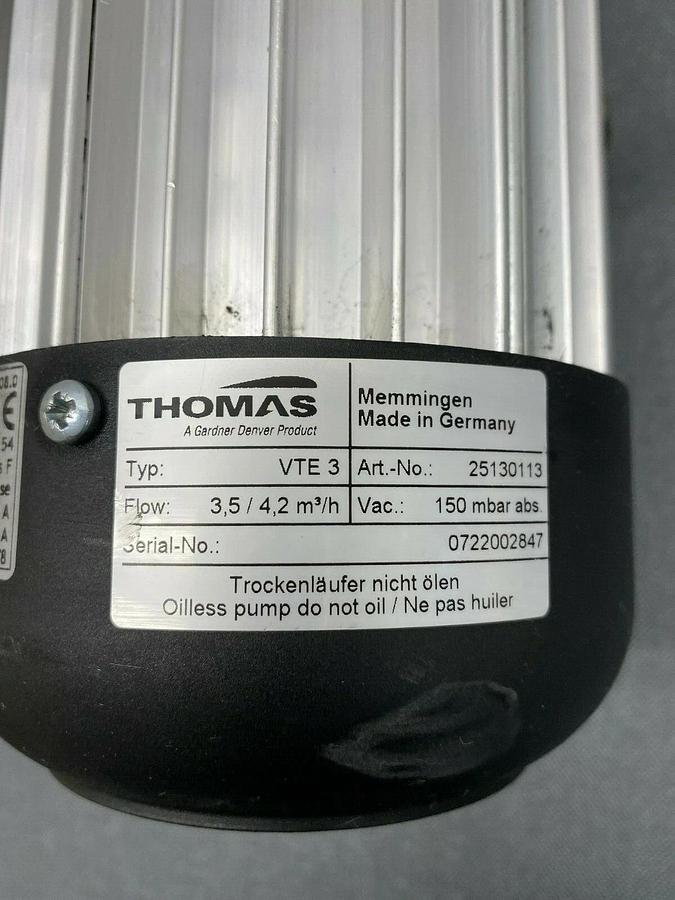 Used Thomas Picolino VTE3 Rotary Vane Pump and Compressor, Flow Rate from 2.0-5.9 CFM