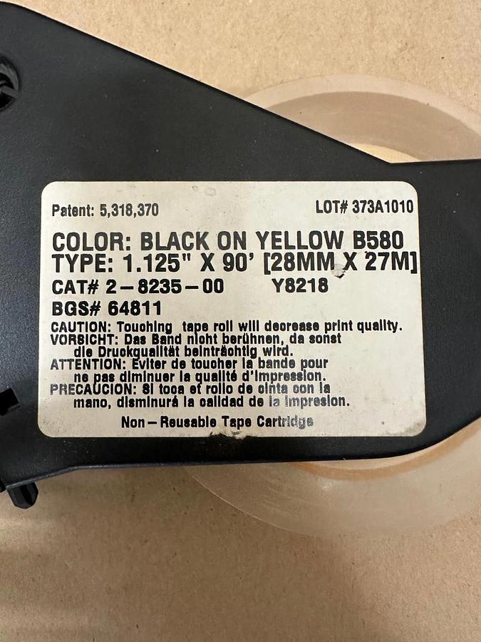 Used Brady B580 Black on Yellow, 1.125” x 90’ Label Cartridge, Roughly 30’ Left