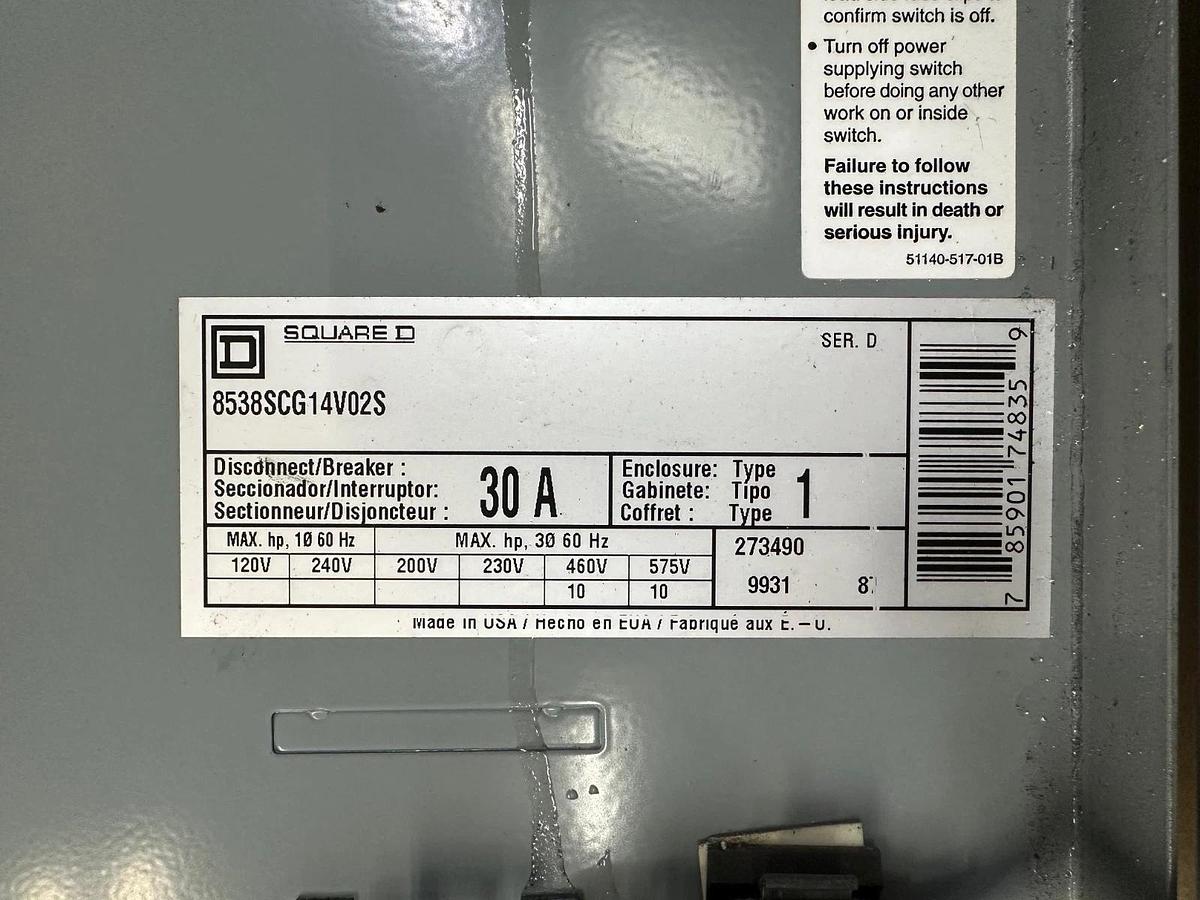 Used Square D 8538SCG14V02S Enclosure Type 1, 30A