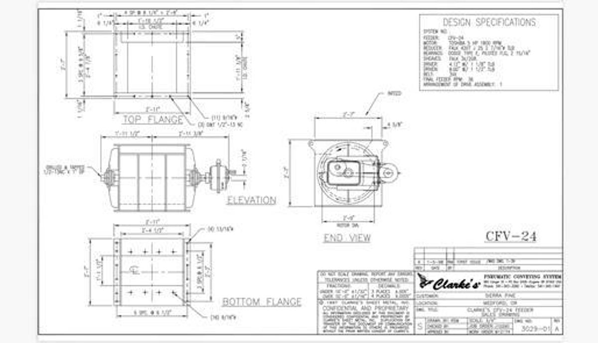 Used Clarke’s CFV24X971029 24”x24” Feeder, Toshiba 5Hp Motor @ 1800RPM & Falk 4207J25